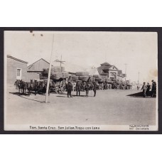 ARGENTINA 1928 PATAGONIA SANTA CRUZ ANTIGUA TARJETA POSTAL SAN JULIAN TROPA CON LANA FOT. KOHLMANN CIRCULADA CON MATASELLO PUERTO SAN JULIAN